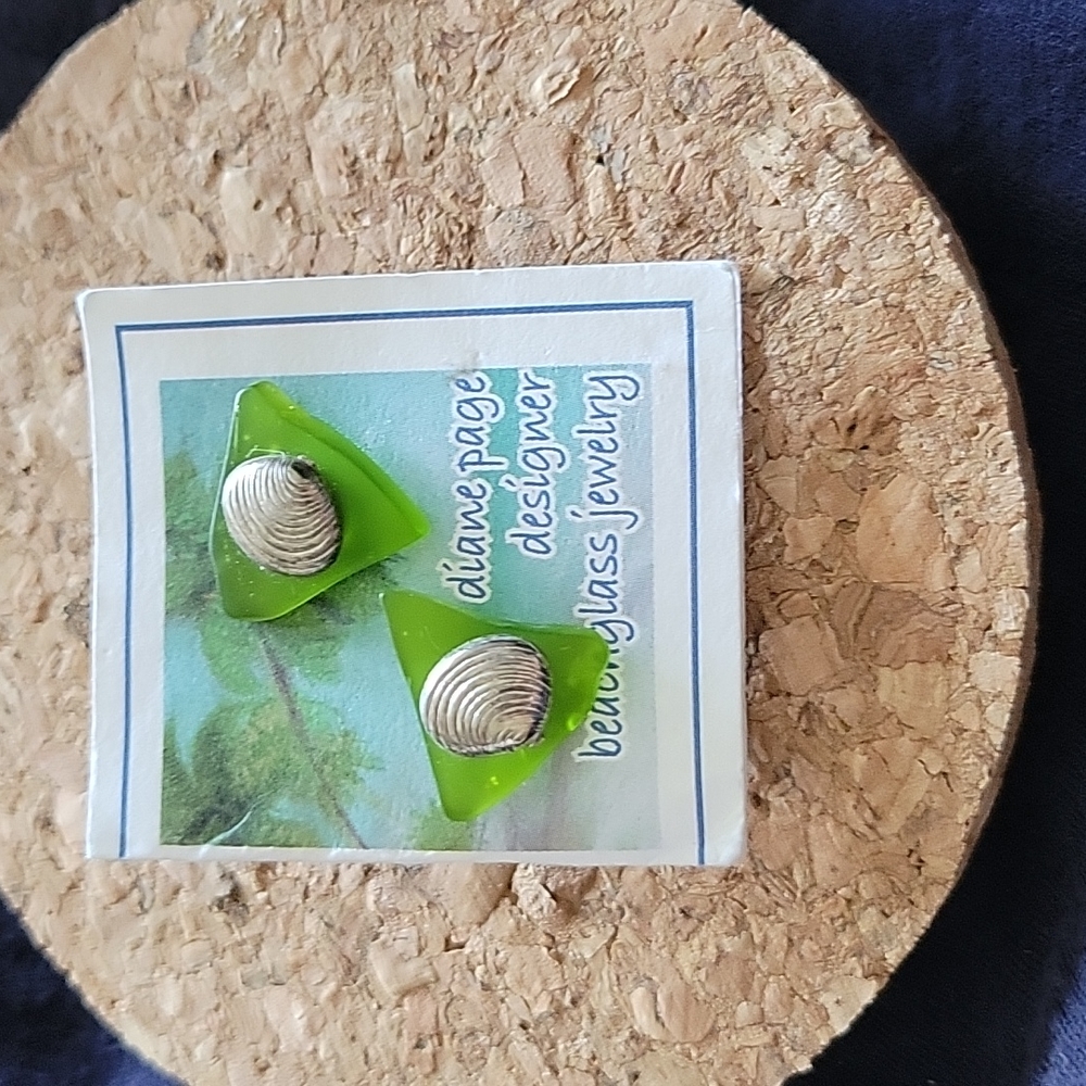 Seaglass Earrings, silver and green.